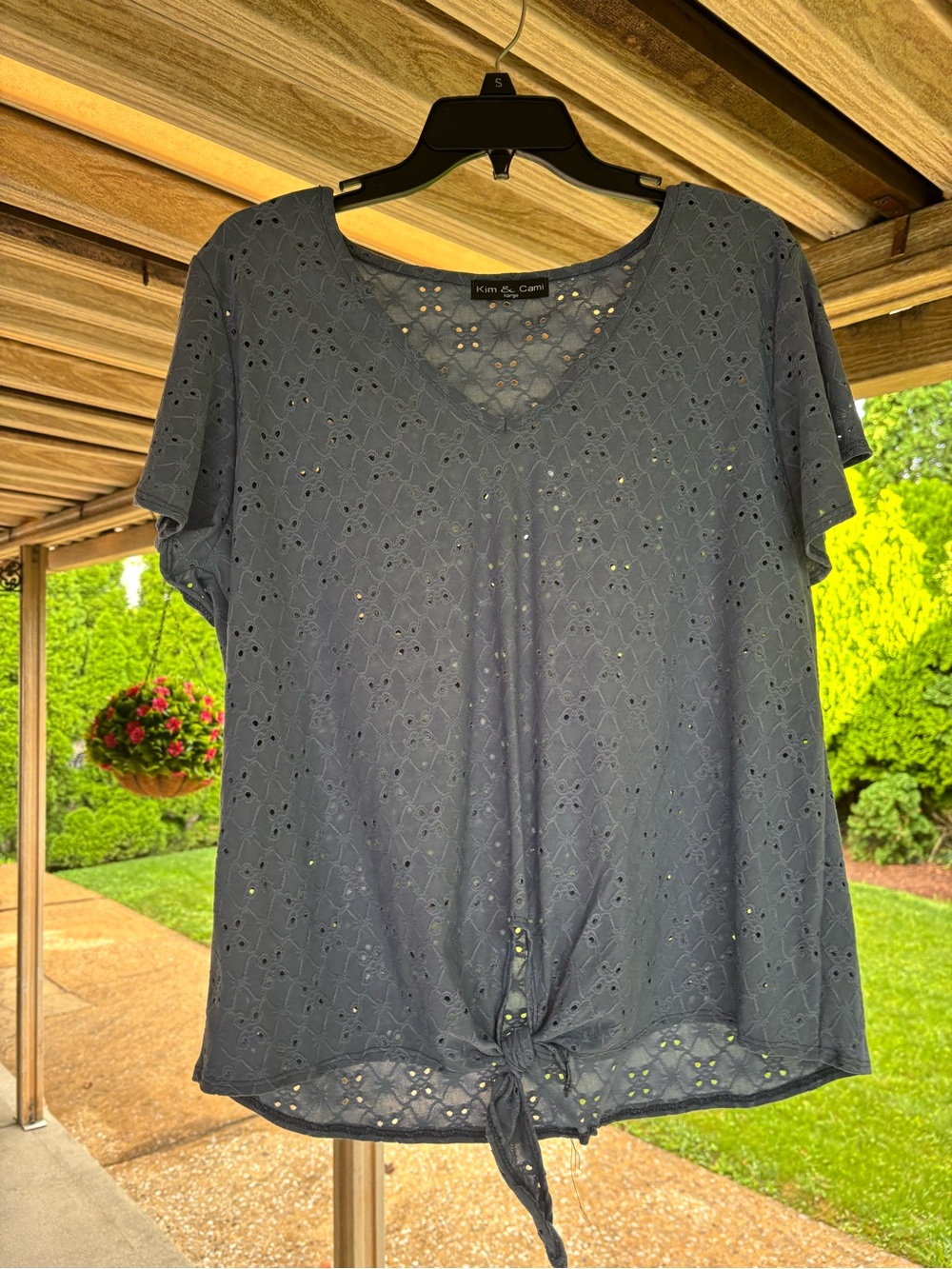 Kim & Cami Navy Eyelet Short-Sleeve Tie-Front Top